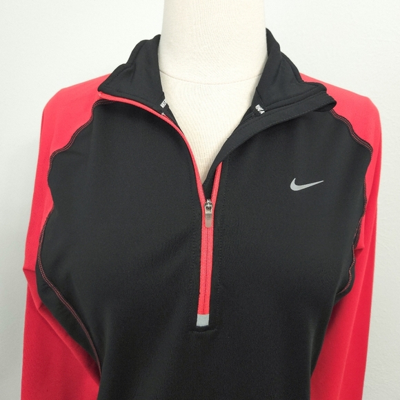 Nike Running Red & Black Dri Fit Mock Neck 1/4 Zip Long Sleeve Top- Women's - Picture 5 of 8